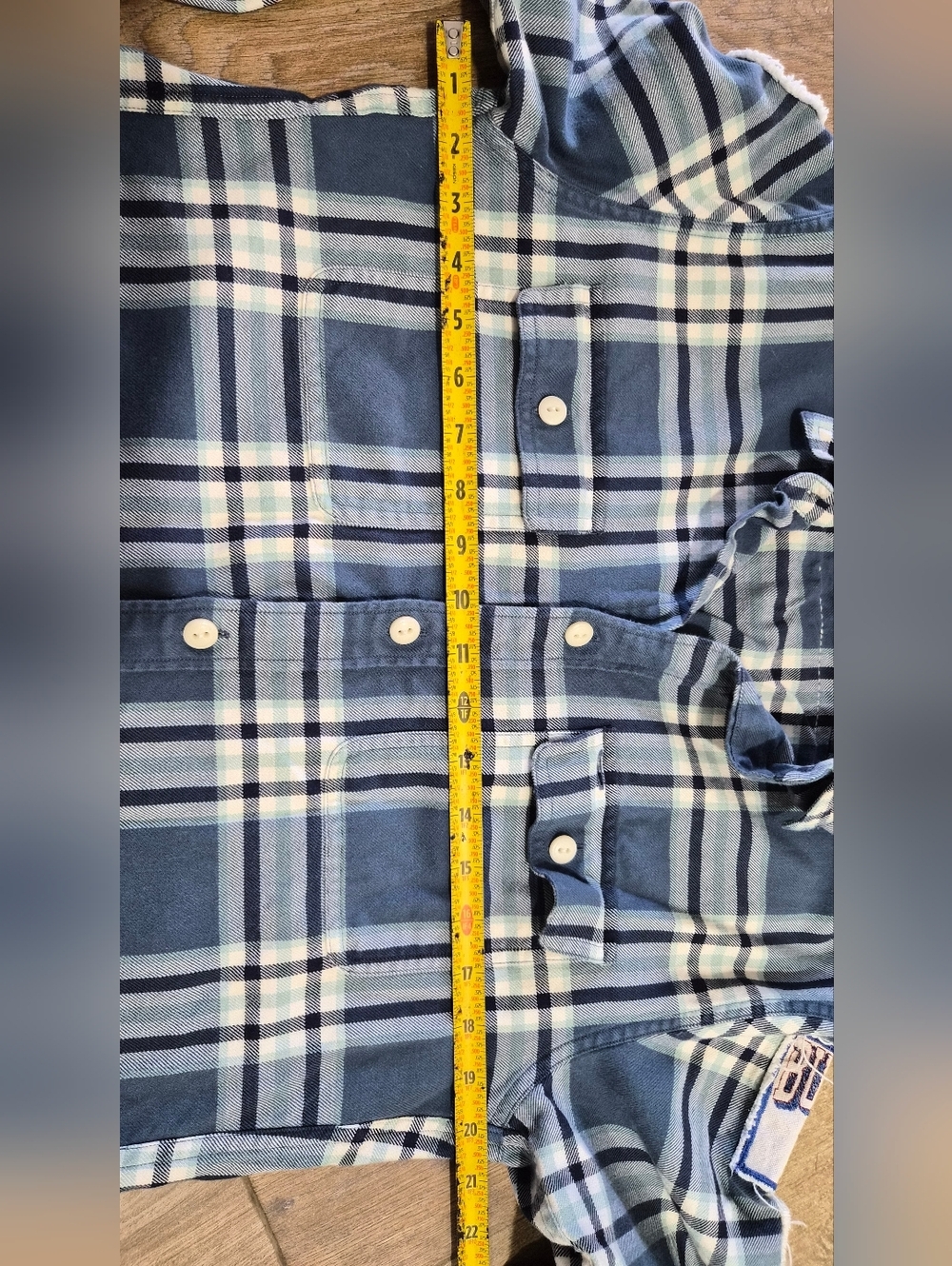 Upcycled Unisex Rolling Stones Flannel Blue Plaid Button Down Shirt - Picture 8 of 8